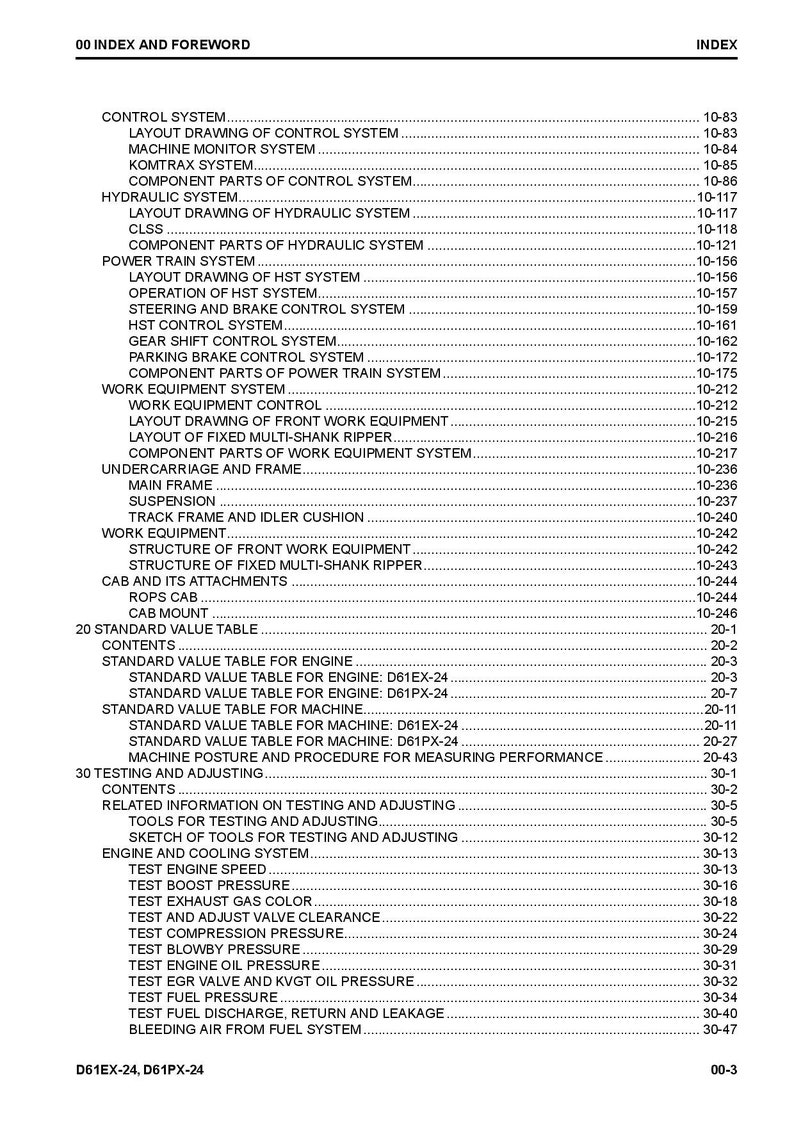 May include: A black and white index page with the title "Index and Foreword" and a list of topics and page numbers. The topics include "Control System", "Hydraulic System", "Power Train System", "Work Equipment", "Standard Value Table", and "Testing and Adjusting".