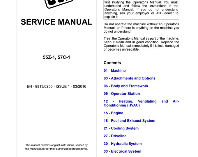 JCB 55Z-1, 57C-1 - Service Manual - Parts Manual - Owners Manual (Pdf Download)