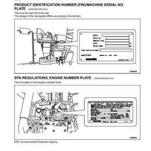 May include: Black and white line drawing illustration of a product identification plate and engine number plate. The product identification plate is located on the left side of the image and the engine number plate is on the right side of the image. The plates are labeled with the text "Product Identification Number (PIN)/Machine Serial No. Plate" and "EPA Regulations, Engine Number Plate".