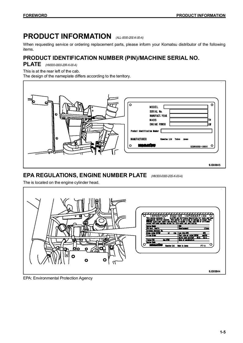 May include: Black and white line drawing illustration of a product identification plate and engine number plate. The product identification plate is located on the left side of the image and the engine number plate is on the right side of the image. The plates are labeled with the text "Product Identification Number (PIN)/Machine Serial No. Plate" and "EPA Regulations, Engine Number Plate".