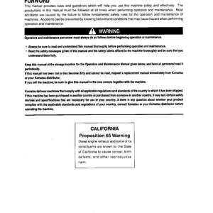 K&ouml;nnte beinhalten: Schwarz-wei&szlig;er Text auf wei&szlig;em Hintergrund. Der Text lautet "FORWORD" in gro&szlig;er Schrift, gefolgt von einem Absatz Text &uuml;ber Sicherheitsvorkehrungen beim Betrieb und der Wartung von Maschinen. Der Text enth&auml;lt auch ein Warnsymbol und einen Abschnitt mit der &Uuml;berschrift "CALIFORNIA Proposition 65 Warning" mit Informationen &uuml;ber Dieselabgase.