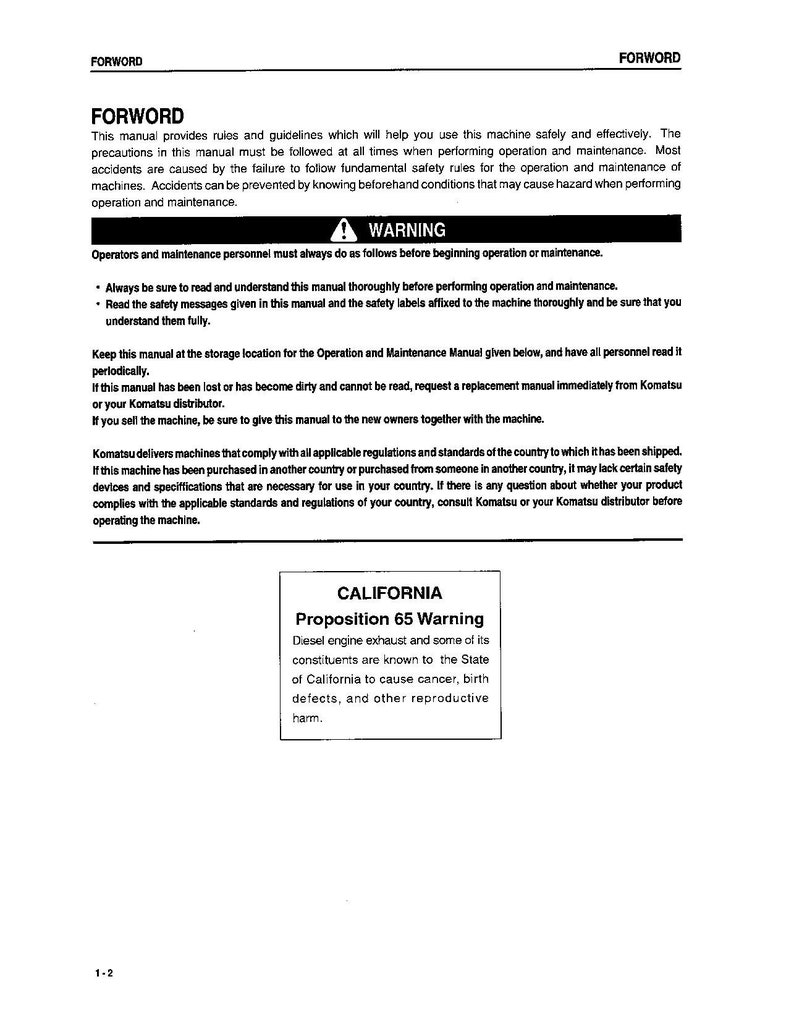 K&ouml;nnte beinhalten: Schwarz-wei&szlig;er Text auf wei&szlig;em Hintergrund. Der Text lautet "FORWORD" in gro&szlig;er Schrift, gefolgt von einem Absatz Text &uuml;ber Sicherheitsvorkehrungen beim Betrieb und der Wartung von Maschinen. Der Text enth&auml;lt auch ein Warnsymbol und einen Abschnitt mit der &Uuml;berschrift "CALIFORNIA Proposition 65 Warning" mit Informationen &uuml;ber Dieselabgase.