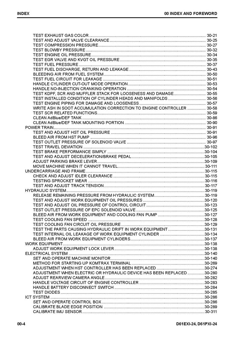 K&ouml;nnte beinhalten: Eine schwarz-wei&szlig;e Indexseite mit dem Titel "Index" und "00 Index und Vorwort" oben. Die Seite listet eine Reihe von Tests und Anpassungen f&uuml;r eine schwere Maschine mit entsprechenden Seitenzahlen auf.