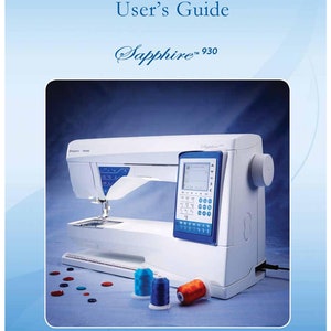May include: A white sewing machine with a blue and white digital display screen. The machine has a needle threader, a bobbin winder, and a foot pedal. The machine is sitting on a blue surface with spools of thread and buttons.