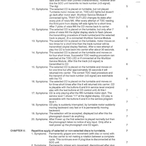 May include: A detailed technical document with numbered symptoms and troubleshooting steps for a Wurlitzer Service Module. The text includes information on CD player issues, digital displays, and turntable motor functions. The document is in black and white.