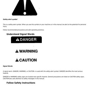 Pu&ograve; includere: Pagina di informazioni di sicurezza in bianco e nero con un triangolo con un punto esclamativo all'interno. Il testo recita "Riconoscere le informazioni di sicurezza", "Simbolo di avviso di sicurezza", "Comprendere le parole di segnalazione", "PERICOLO", "AVVERTENZA", "ATTENZIONE", "Parole di segnalazione", "Seguire le istruzioni di sicurezza" e "Sezione 05 pagina 2".