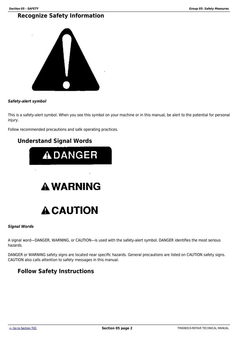 Pu&ograve; includere: Pagina di informazioni di sicurezza in bianco e nero con un triangolo con un punto esclamativo all'interno. Il testo recita "Riconoscere le informazioni di sicurezza", "Simbolo di avviso di sicurezza", "Comprendere le parole di segnalazione", "PERICOLO", "AVVERTENZA", "ATTENZIONE", "Parole di segnalazione", "Seguire le istruzioni di sicurezza" e "Sezione 05 pagina 2".