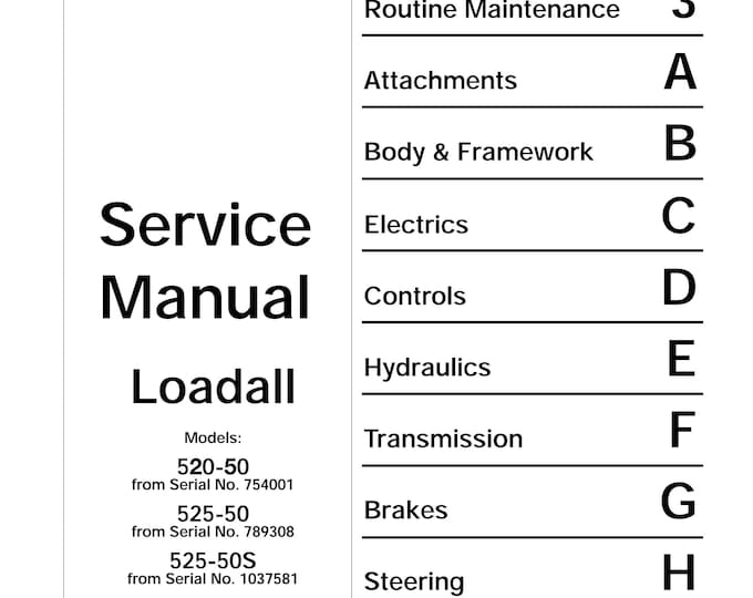 JCB Loadall Model 520-50 525-50 525-50S - 9803-3620 - Workshop Manual - Service Manual - Parts Manual - Owners Manual (PDF Download)