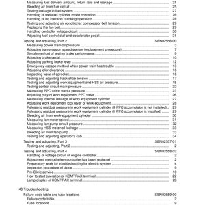 Op de afbeelding: Een zwart-witte indexpagina met de titel "00 Index en Voorwoord" en een lijst met onderwerpen die betrekking hebben op het oplossen van problemen en onderhoud van een apparaat. De onderwerpen zijn georganiseerd per sectienummer en omvatten titels zoals "Motoroliedruk meten", "Brandstofsysteemuitrusting hanteren", "Testen en afstellen, deel 2" en "Problemen oplossen".
