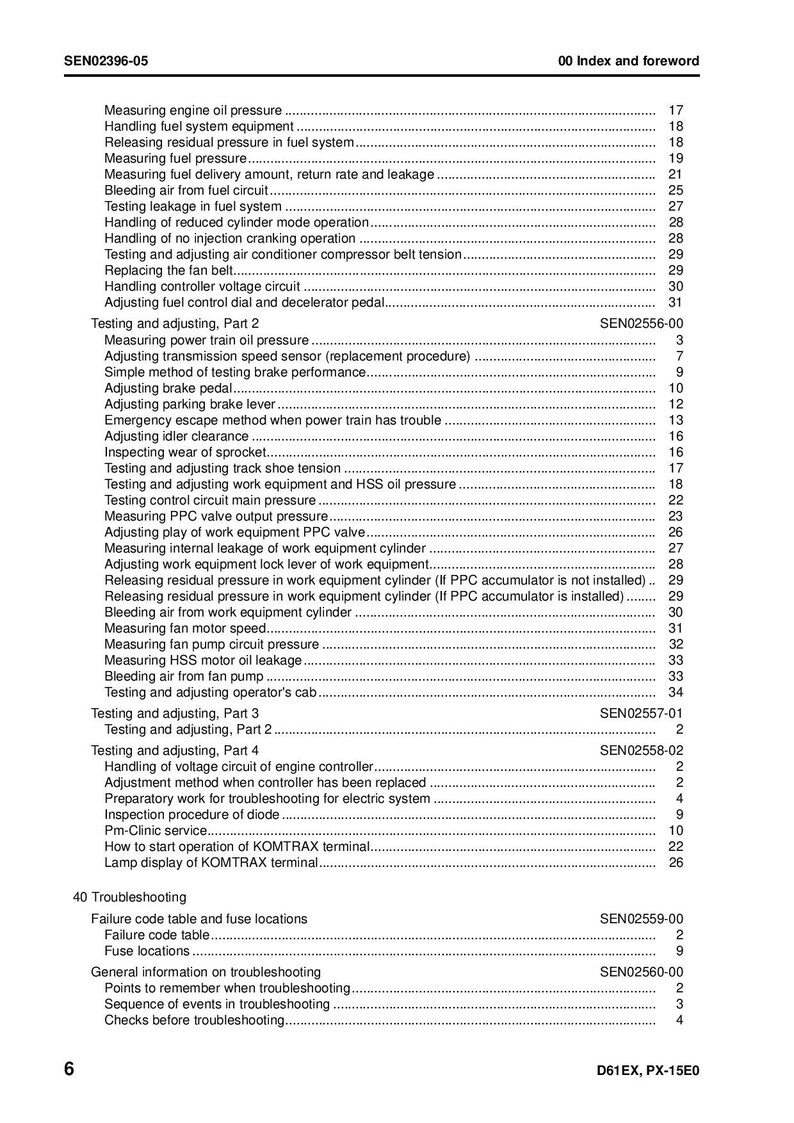 Op de afbeelding: Een zwart-witte indexpagina met de titel "00 Index en Voorwoord" en een lijst met onderwerpen die betrekking hebben op het oplossen van problemen en onderhoud van een apparaat. De onderwerpen zijn georganiseerd per sectienummer en omvatten titels zoals "Motoroliedruk meten", "Brandstofsysteemuitrusting hanteren", "Testen en afstellen, deel 2" en "Problemen oplossen".