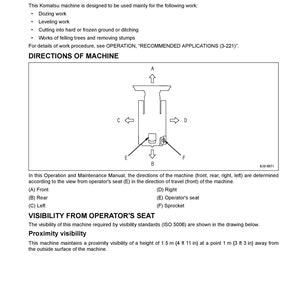 May include: A diagram showing the directions of a machine, including front, rear, right, left, operator's seat, and sprocket. The visibility of the machine is required by visibility standards (ISO 5006). The machine maintains a proximity visibility of 1.5 m (4 ft 11 in) at a point 1 m (3 ft 3 in) away from the outside surface of the machine.