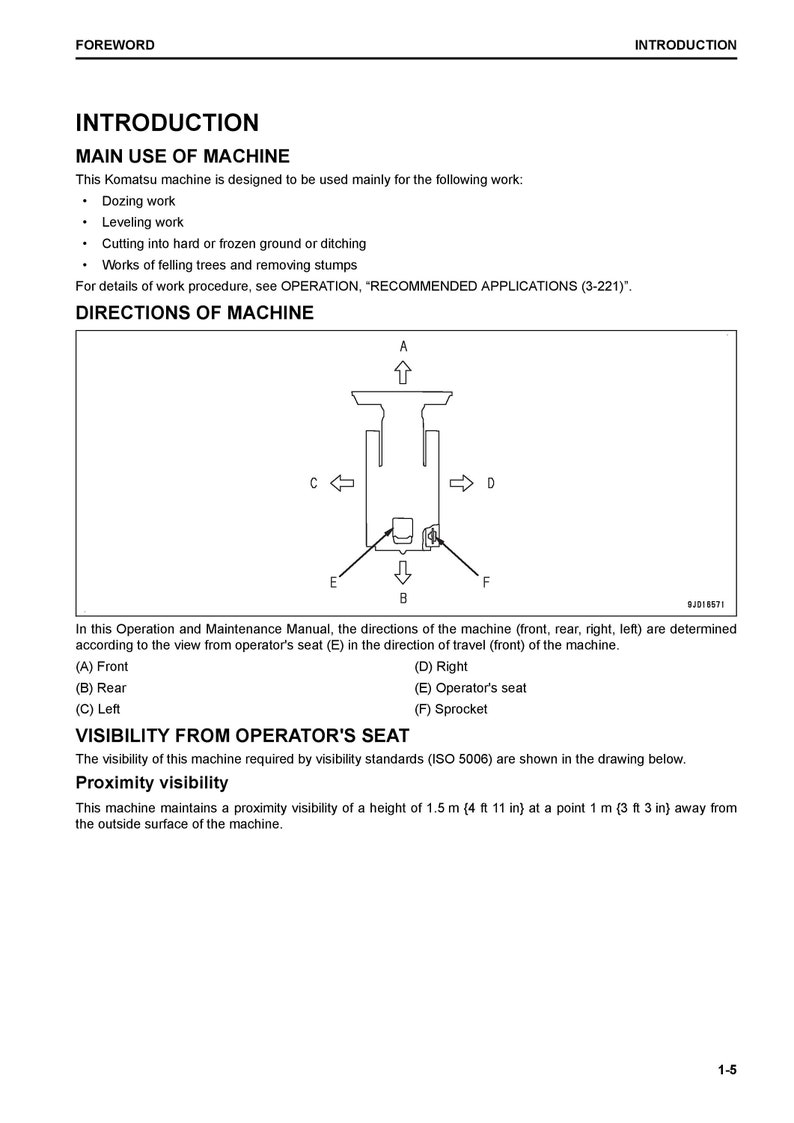 May include: A diagram showing the directions of a machine, including front, rear, right, left, operator's seat, and sprocket. The visibility of the machine is required by visibility standards (ISO 5006). The machine maintains a proximity visibility of 1.5 m (4 ft 11 in) at a point 1 m (3 ft 3 in) away from the outside surface of the machine.