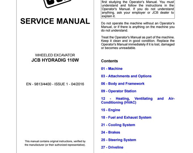 JCB Wheeled EXCAVATOR HYDRADIG 110W -Service Manual - Parts Manual - Owners Manual (Pdf Download)