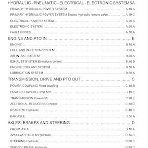 May include: A technical document page titled INTRODUCTION, listing HYDRAULIC-PNEUMATIC-ELECTRICAL-ELECTRONIC SYSTEMSA, ENGINE AND PTO IN, TRANSMISSION, DRIVE AND PTO OUT, and AXLES, BRAKES AND STEERING with corresponding alphanumeric codes for each section.