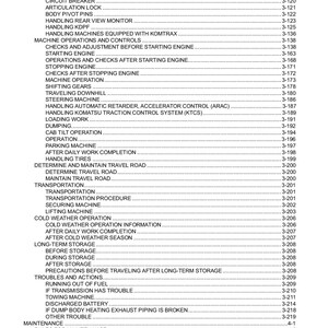 May include: A black and white table of contents page for a Komatsu service manual. The page lists various maintenance and operation procedures for the machine, including starting and stopping the engine, traveling downhill, loading work, and transportation.