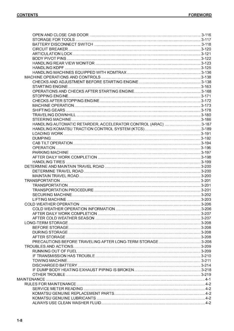 May include: A black and white table of contents page for a Komatsu service manual. The page lists various maintenance and operation procedures for the machine, including starting and stopping the engine, traveling downhill, loading work, and transportation.