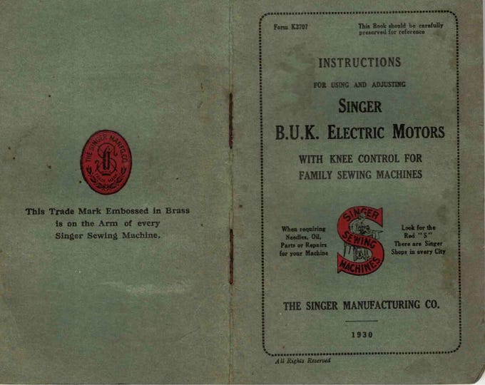 Singer Sewing Machine- B - U - K -Electric Motor-1931-Foot Control - Sewing- machine- Service Manual - Instruction Manual -  Wiring Diagram