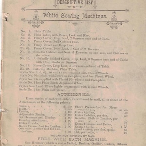 May include: A vintage printed page titled "Descriptive List of White Sewing Machines." The text lists various sewing machine models and accessories with prices, including tables, covers, and drawers. The page is aged with visible wear.