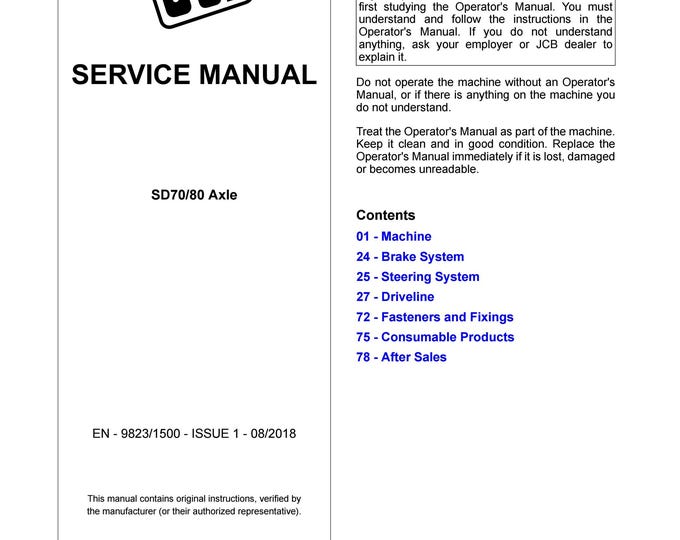 JCB SD70/80 Axle - Service Manual - Owners Manual (Pdf Download)