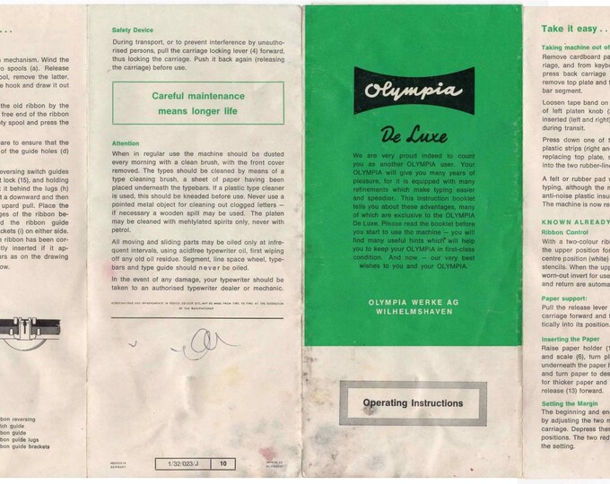 Olympia De Luxe Typwriter Instruction Manual - User Manual - Complete User Guide