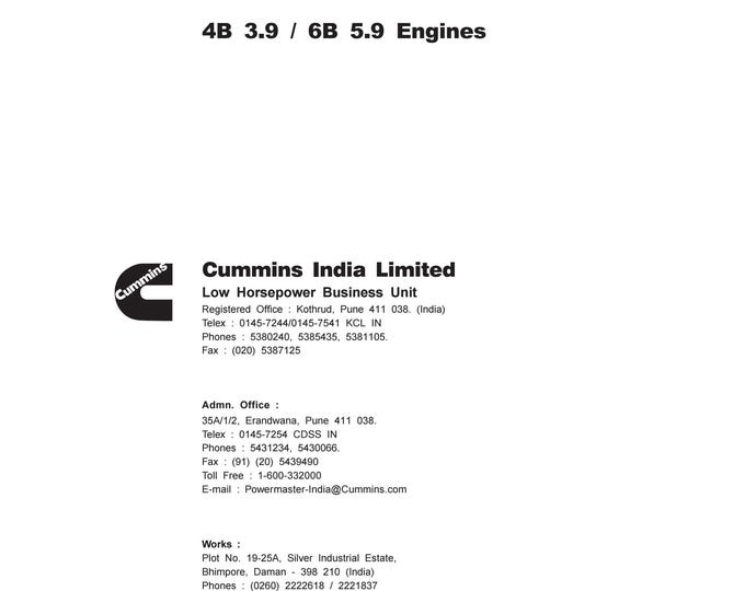 Cummins India Limited - 4B 3.9 6B 5.9 Engines - Workshop Manual - Service Manual - Parts Manual - Owners Manual (pdf Download)