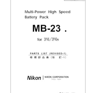 Puede incluir: Documento blanco con el texto "Multi-Power High Speed Battery Pack" y "MB-23" para F4/F4s. El logotipo de Nikon y la información de copyright también están presentes.