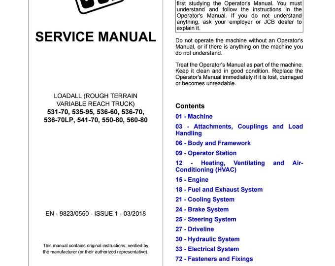 JCB LOADALL 531-70, 535-95, 536-60, 536-70, 536-70LP, 541-70, 550-80, 560-80 - Service Manual - Owners Manual (Pdf Download)