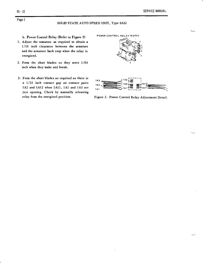 May include: Page from a service manual detailing the Solid State Auto Speed Unit, Type SASI. The page includes text instructions and diagrams for adjusting the Power Control Relay, with measurements in inches.