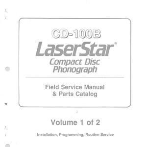 May include: A black and white service manual for the Rowe CD-100B LaserStar Compact Disc Phonograph. The manual is titled "Field Service Manual & Parts Catalog" and is volume 1 of 2. It covers installation, programming, and routine service. The manual is for the first edition and has part number 21822617.
