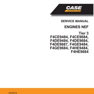 Könnte beinhalten: Ein Servicehandbuch für CASE CONSTRUCTION ENGINES NEF Tier 3. Das Cover ist weiß mit schwarzem Text und einem schwarzen und goldenen CASE CONSTRUCTION Logo. Das Handbuch listet Motormodellnummern auf, darunter F4CE9484 und F4HE9684.