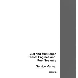 Puede incluir: Una portada de manual de servicio blanca con una barra vertical gris oscuro en el lado derecho. El texto dice 300 and 400 Series Diesel Engines and Fuel Systems Service Manual, GSS1427B, Reprinted, y el logotipo CASE en la esquina inferior.