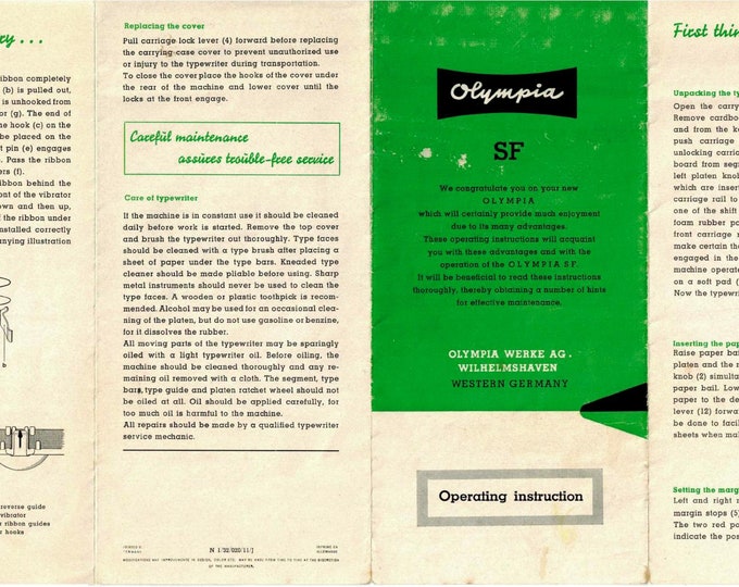 Olympia SF Typwriter Instruction Manual - User Manual - Complete User Guide
