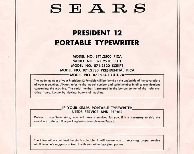 Sears President 12 Typewriter Instruction Manual - User Manual - Complete User Guide