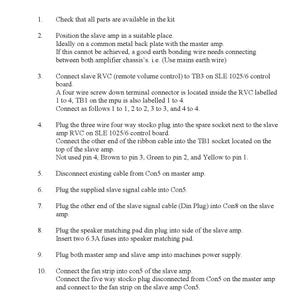 May include: Instructions for a Slave Amp Kit, titled MK7 to MK7/8 SURFER, with numbered steps for assembly. The text is black on a white background, detailing connections and component placement for the amplifier.