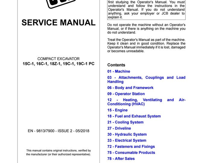 JCB Compact Excavator 15C-1, 16C-1, 18Z-1, 19C-1 Service Manual (PDF Download)