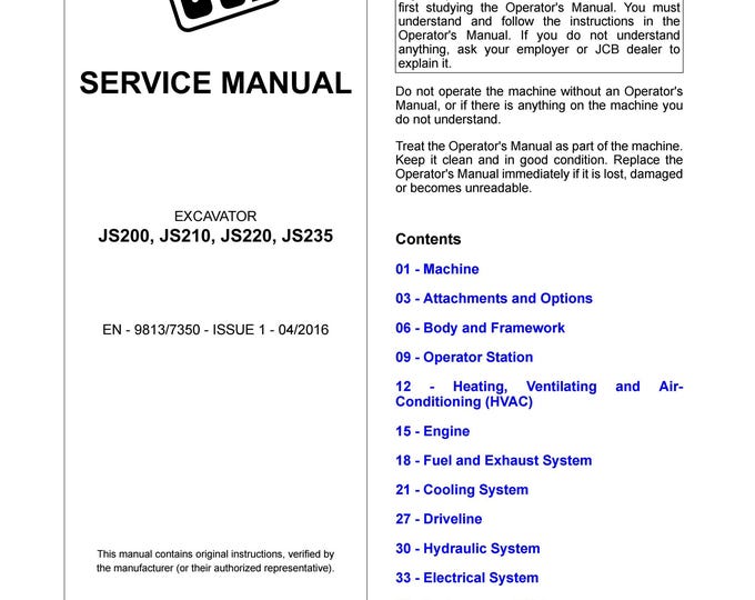 JCB EXCAVATOR JS200, JS210, JS220, JS235 - Service Manual - Parts Manual - Owners Manual (Pdf Download)