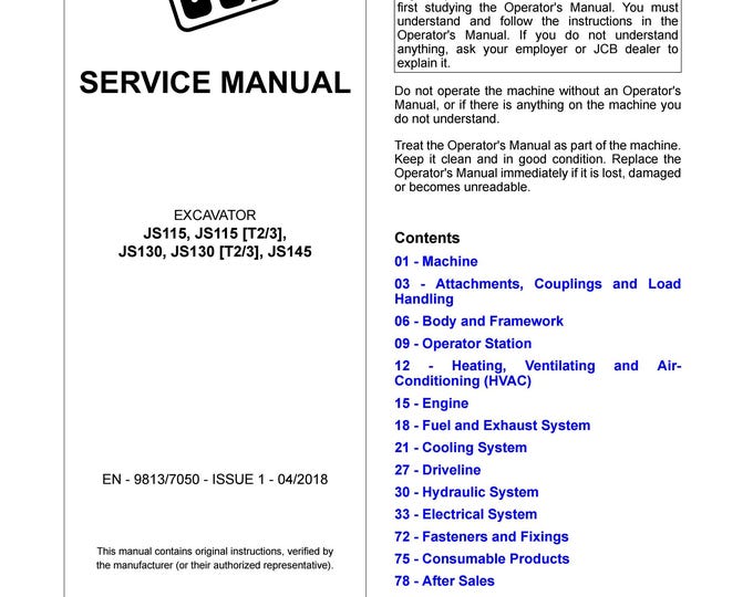 JCB EXCAVATOR JS115, JS115 [T2/3], S130, JS130 T2/3, JS145 - Service Manual - Parts Manual - Owners Manual (Pdf Download)