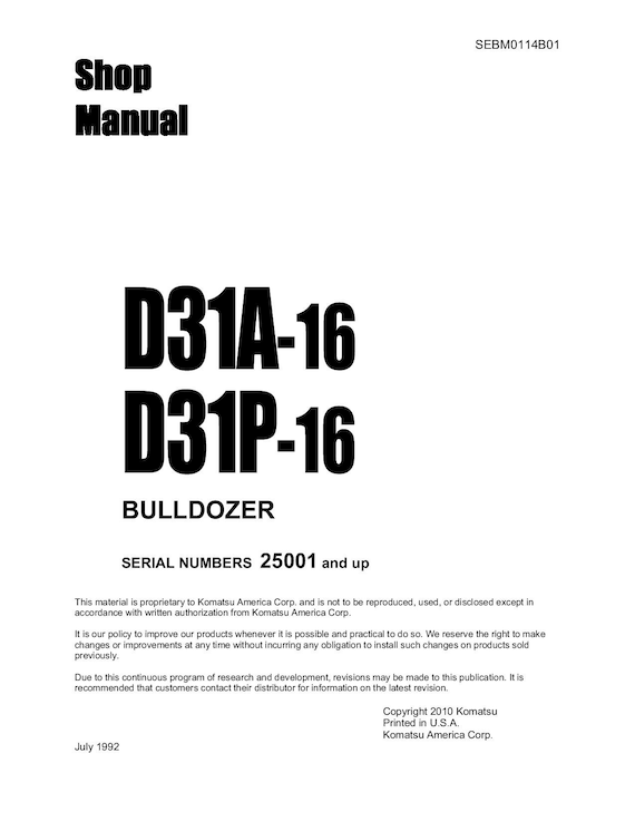 Komatsu D31A-16 D31P-16 Bulldozer Shop Manual (PDF Download)