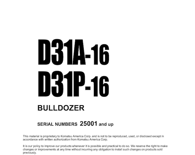 Komatsu D31A-16 - D31P-16 Bulldozer Shop Manual - Workshop Manual - Service Manual - English