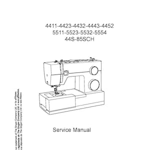 May include: Black and white line drawing of a Singer sewing machine with the model numbers 4411-4423-4432-4443-4452, 5511-5523-5532-5554, and 44S-85SCH. The text "Service Manual" is below the image. The text "104 73 14-26 2014-02-24" is at the bottom right corner of the image.