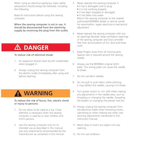May include: A document detailing important safety instructions for a sewing machine. It features red and orange warning sections with numbered safety guidelines. Text includes "DANGER" and "WARNING", advising on electrical and fire hazards.