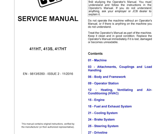 JCB 411HT, 413S, 417HT - Service Manual - Parts Manual - Owners Manual (Pdf Download)