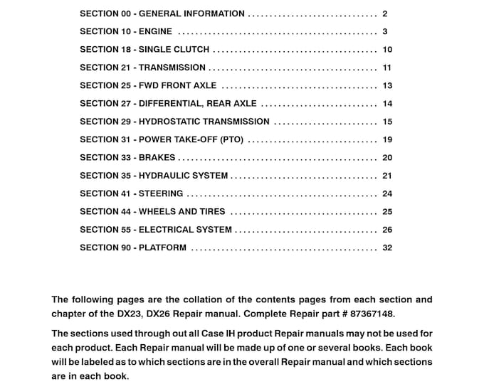 Case DX23, DX26 REPAIR MANUAL Complete  Contents - Shop Manual - Workshop Manual (Pdf Download)