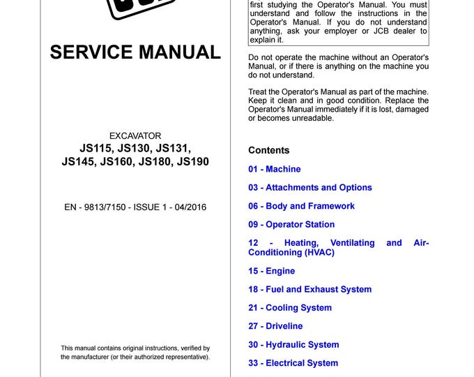 JCB EXCAVATOR JS115, JS130, JS131, JS145, JS160, JS180, JS190  - Service Manual - Parts Manual - Owners Manual (Pdf Download)