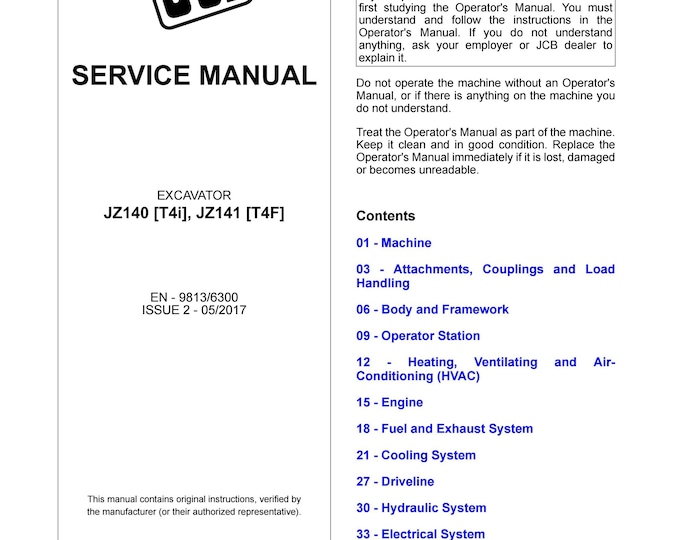 JCB EXCAVATOR JZ140 T4i, JZ141 T4F - Service Manual - Parts Manual - Owners Manual (Pdf Download)
