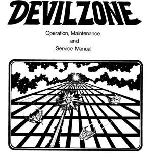 Op de afbeelding: Zwart-wit illustratie van een handleiding getiteld "DEVILZONE" uit de "COSMIC SERIES". De cover toont een ruimtescène met ruimtevaartuigen en de tekst "Operation, Maintenance and Service Manual". Het woord "UNIVERSAL" staat onderaan.