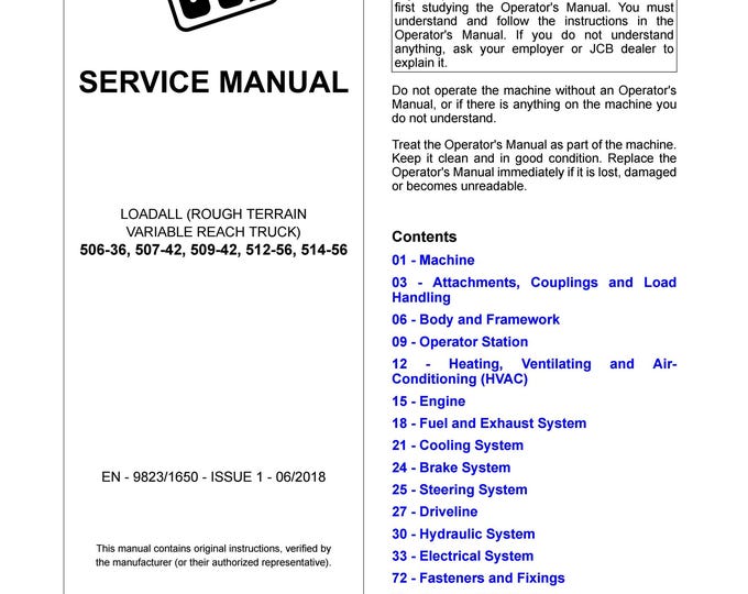 JCB LOADALL  506-36, 507-42, 509-42, 512-56, 514-56 - Service Manual - Owners Manual (Pdf Download)