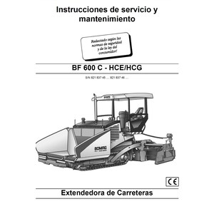 May include: A white and black manual for a BOMAG BF 600 C - HCE/HCG road paver. The cover includes the BOMAG logo, text in Spanish, and a diagram of the machine. The catalog number is 008 057 23.
