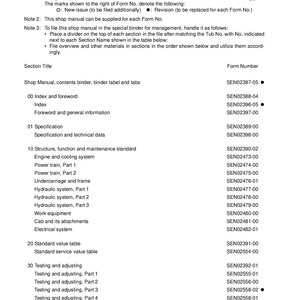 Op de afbeelding: Een zwart-wit document met de titel "Samenstelling van de werkplaats handleiding". Het document somt de verschillende secties van de werkplaats handleiding op en de bijbehorende formuliernummers. Het document is onderverdeeld in secties, waaronder "Index en voorwoord", "Specificatie", "Structuur, functie en onderhoudsstandaard", "Testen en afstellen", en meer.