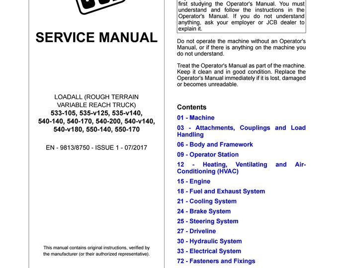 JCB 533-105, 535-v125, 535-v140,540-140, 540-170, 540-200, 540-v140,540-V180, 550-140, 550-170-Service Manual - Owners Manual (Pdf Download)